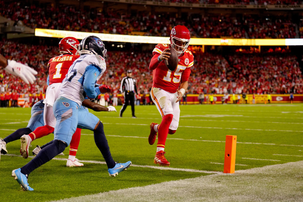 <p><b><i>Titans 17</i></b><br />
<b><i>Chiefs 20 (OT)</i></b></p>
<p>Has anyone had a more quiet MVP season than Patrick Mahomes?</p>
<p>Since Tyreek Hill took his talents to South Beach, Mahomes is keeping Kansas City atop the AFC West by shouldering the offensive load. Like, <a href="https://twitter.com/ESPNStatsInfo/status/1589482343596986368?s=20&amp;t=KHseRg82WSY4LQw1QYyRAw" target="_blank" rel="noopener">damn near all of it</a>. Give this man his trophy now.</p>
