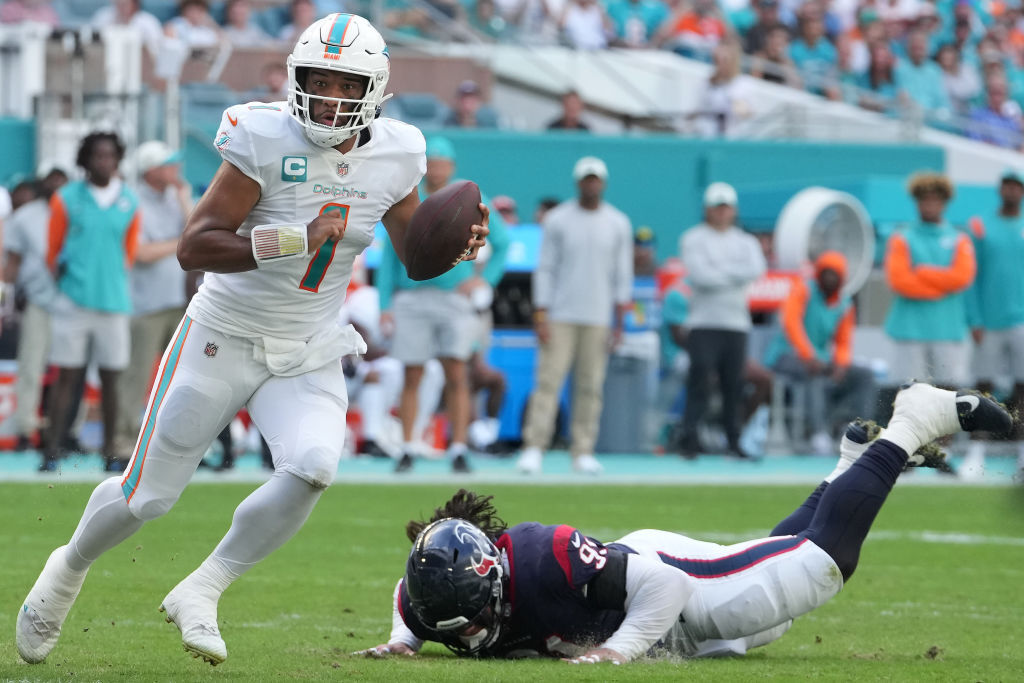 <p><em><strong>Texans 15</strong></em><br />
<em><strong>Dolphins 30</strong></em></p>
<p>It&#8217;s time to put some respect on Tua Tagovailoa&#8217;s name.</p>
<p>He&#8217;s got a 11-0 TD-to-INT ratio and he&#8217;s led Miami to over 30 points per game during this five-game winning streak that has the Dolphins off to their best start since 2001. Buffalo won&#8217;t win the AFC East without a fight.</p>
