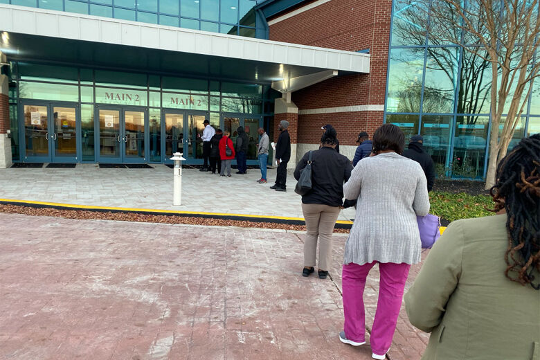 Voters line up in Glenarden, Maryland, to cast their ballots on Election Day, Nov. 8, 2022. (WTOP/John Domen)