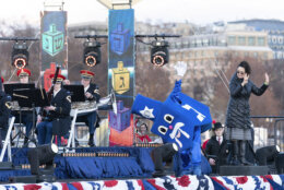 A person in a dreidel costume performs during the annual National Menorah Lighting in celebration of Hanukkah, on the Ellipse near the White House in Washington, Sunday, Dec. 18, 2022. (AP Photo/Jose Luis Magana)