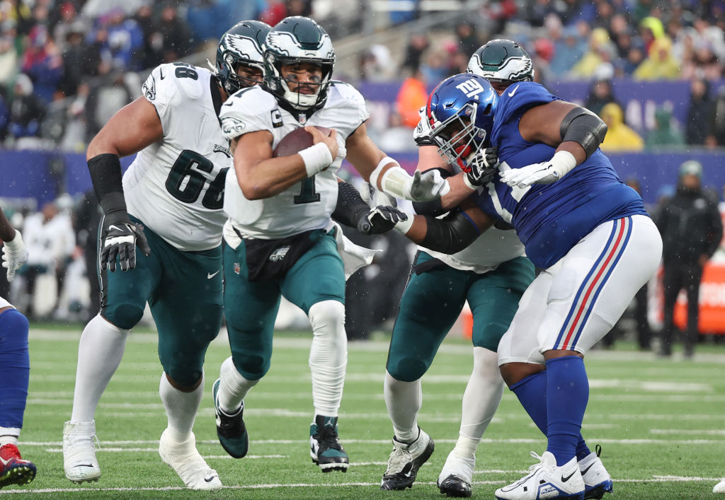 <p><b><i>Eagles 48</i></b><br />
<b><i>Giants 22</i></b></p>
<p>Philly clinched its fifth playoff berth in six years thanks to A.J. Brown becoming the Eagles&#8217; first 1,000-yard receiver since 2014 and <a href="https://profootballtalk.nbcsports.com/2022/12/11/haason-reddick-makes-very-specific-sack-history/" target="_blank" rel="noopener">Haason Reddick being the ultimate journeyman pass rusher</a> &#8230; but Jalen Hurts needs to get more love.</p>
<p>Hurts has 32 total touchdowns to only five turnovers and is the first QB to have back-to-back seasons with double-digit rushing touchdowns. This man isn&#8217;t high enough in the MVP conversation.</p>
