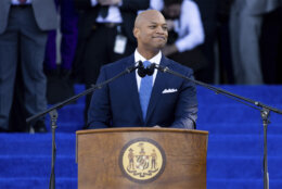 Gov. Wes Moore delivers his inaugural address after being sworn in as the 63rd governor of the state of Maryland, Wednesday, Jan. 18, 2023, in Annapolis, Md. (AP Photo/Julia Nikhinson)
