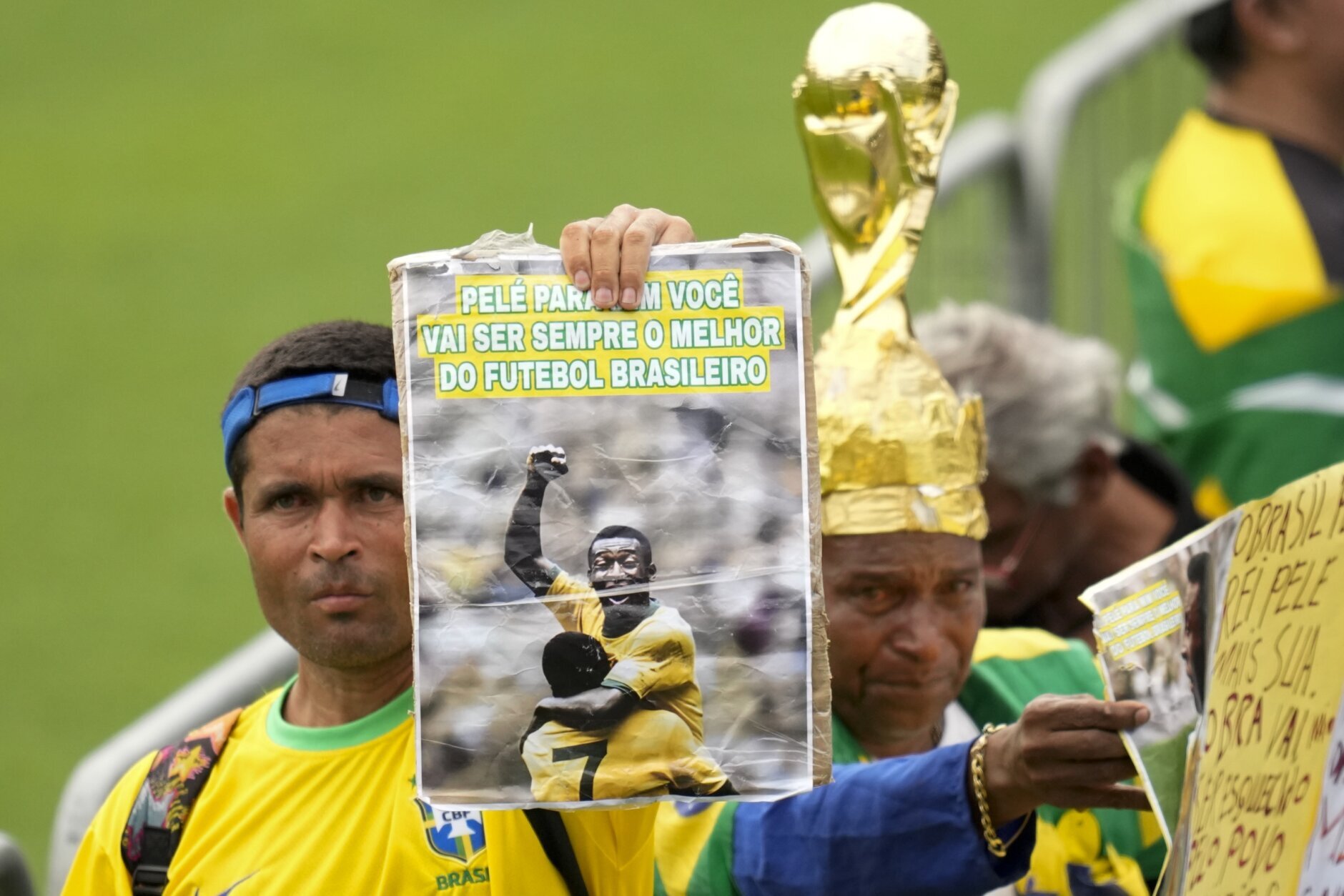 Ronaldo and Pele of Brazil signed Brazilian shirts on display for