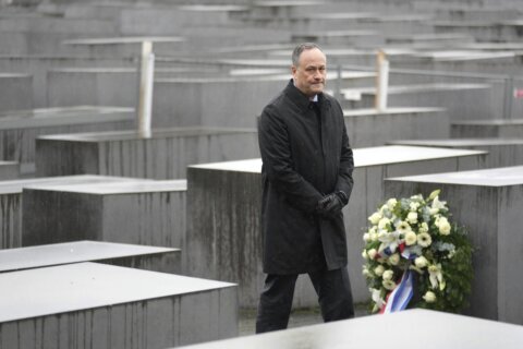 Emhoff visits synagogue, Holocaust memorial in Berlin