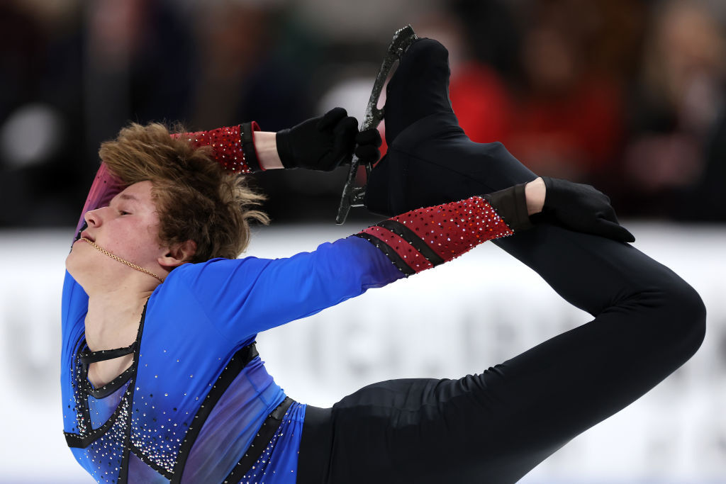 SAN JOSE, CALIFORNIA - JANUARY 29: Ilia Malinin skates during the Men's Free Skate competition on day four of the 2023 TOYOTA U.S. Figure Skating Championships  at SAP Center on January 29, 2023 in San Jose, California. Malinin won the gold medal. (Photo by Ezra Shaw/Getty Images)