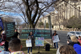<p>Abortion rights opponents speaking at the March for Life on Friday, January 20, 2023. (WTOP/Scott Gelman)</p>
