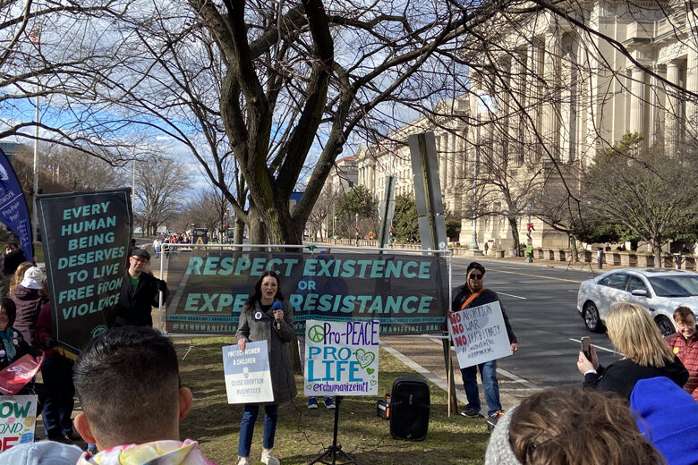 <p>Abortion rights opponents speaking at the March for Life on Friday, January 20, 2023. (WTOP/Scott Gelman)</p>
