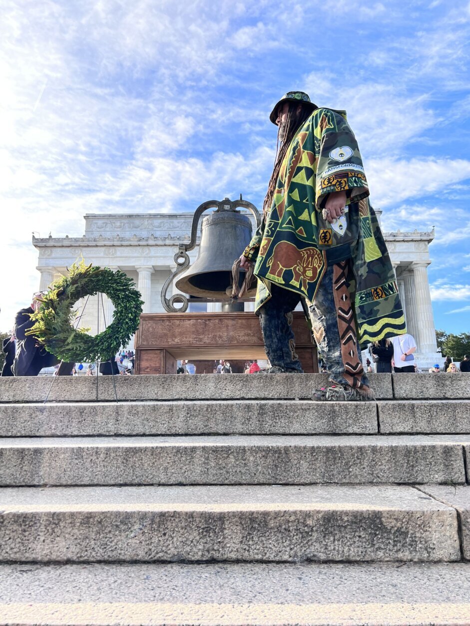 Frederick Douglass IV reads the Emancipation Proclamation from the steps of the Lincoln Memorial during the 2023 National Bell Festival.