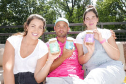 From left, Lucy Dana, Andrew Dana and Daniela Moreira hold jars of One Trick Pony peanut butter, which is now sold in Call Your Mother locations. (Courtesy Call Your Mother)