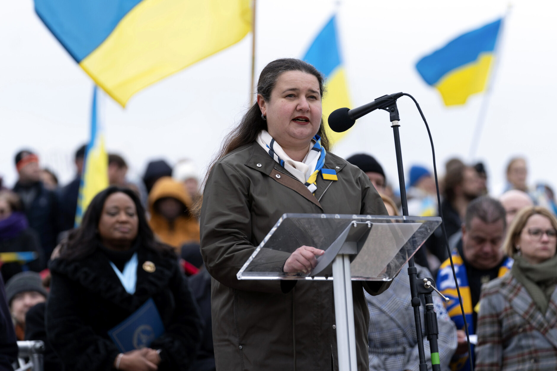 Ukraine's Ambassador to the United States Oksana Markarova speaks during a rally at the Lincoln Memorial in support of Ukraine in Washington, Saturday, Feb. 25, 2023. (AP Photo/Jose Luis Magana)