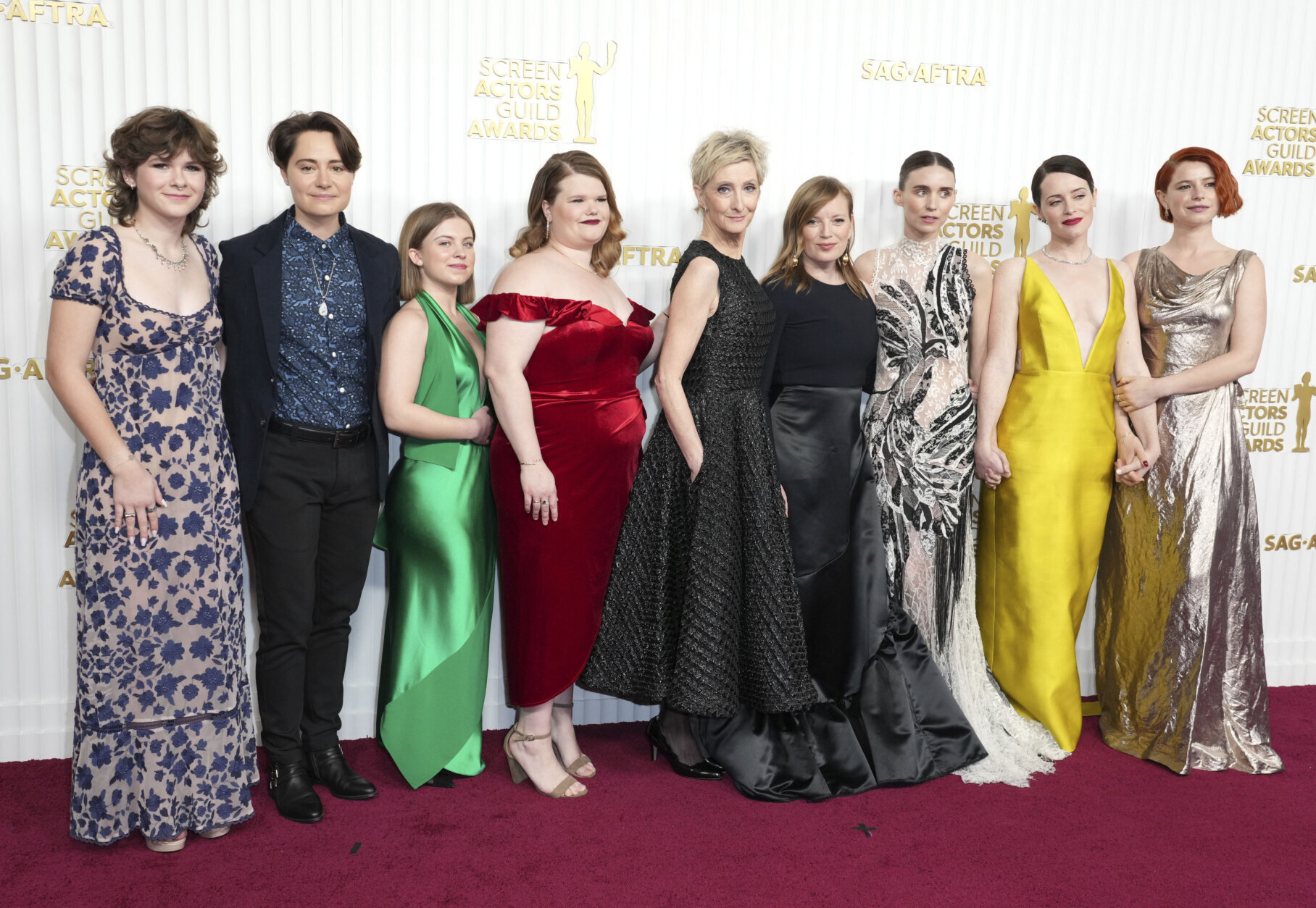 Liv McNeil, from left, August Winter, Kate Hallett, Michelle McLeod, Sheila McCarthy, Sarah Polley, Rooney Mara, Claire Foy, and Jessie Buckley arrive at the 29th annual Screen Actors Guild Awards on Sunday, Feb. 26, 2023, at the Fairmont Century Plaza in Los Angeles. (Photo by Jordan Strauss/Invision/AP)
