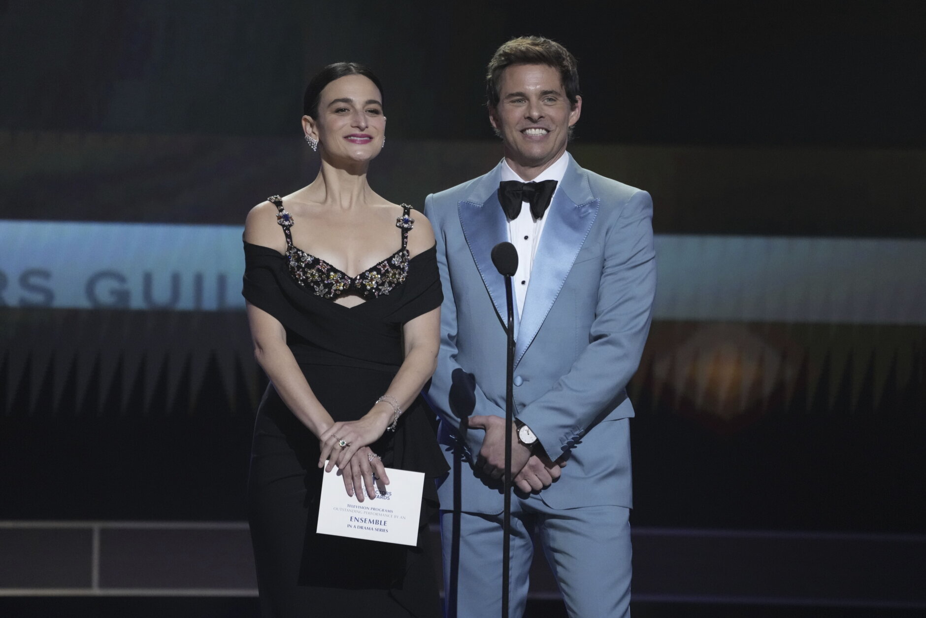 Jenny Slate, left, and James Marsden present the award for outstanding performance by an ensemble in a drama series at the 29th annual Screen Actors Guild Awards on Sunday, Feb. 26, 2023, at the Fairmont Century Plaza in Los Angeles. (AP Photo/Chris Pizzello)