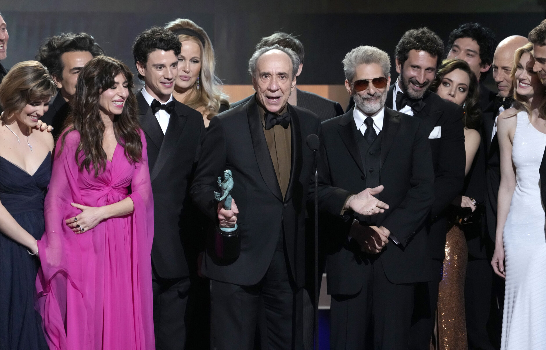 F. Murray Abraham, center, and the cast of "The White Lotus," accept the award for outstanding performance by an ensemble in a drama series at the 29th annual Screen Actors Guild Awards on Sunday, Feb. 26, 2023, at the Fairmont Century Plaza in Los Angeles. (AP Photo/Chris Pizzello)