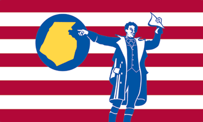Current Frederick County, Maryland, flag. It has an image of Francis Scott Key pointing to Frederick County in yellow and encircled in blue, which is against a background of nine red and white horizontal bars.
