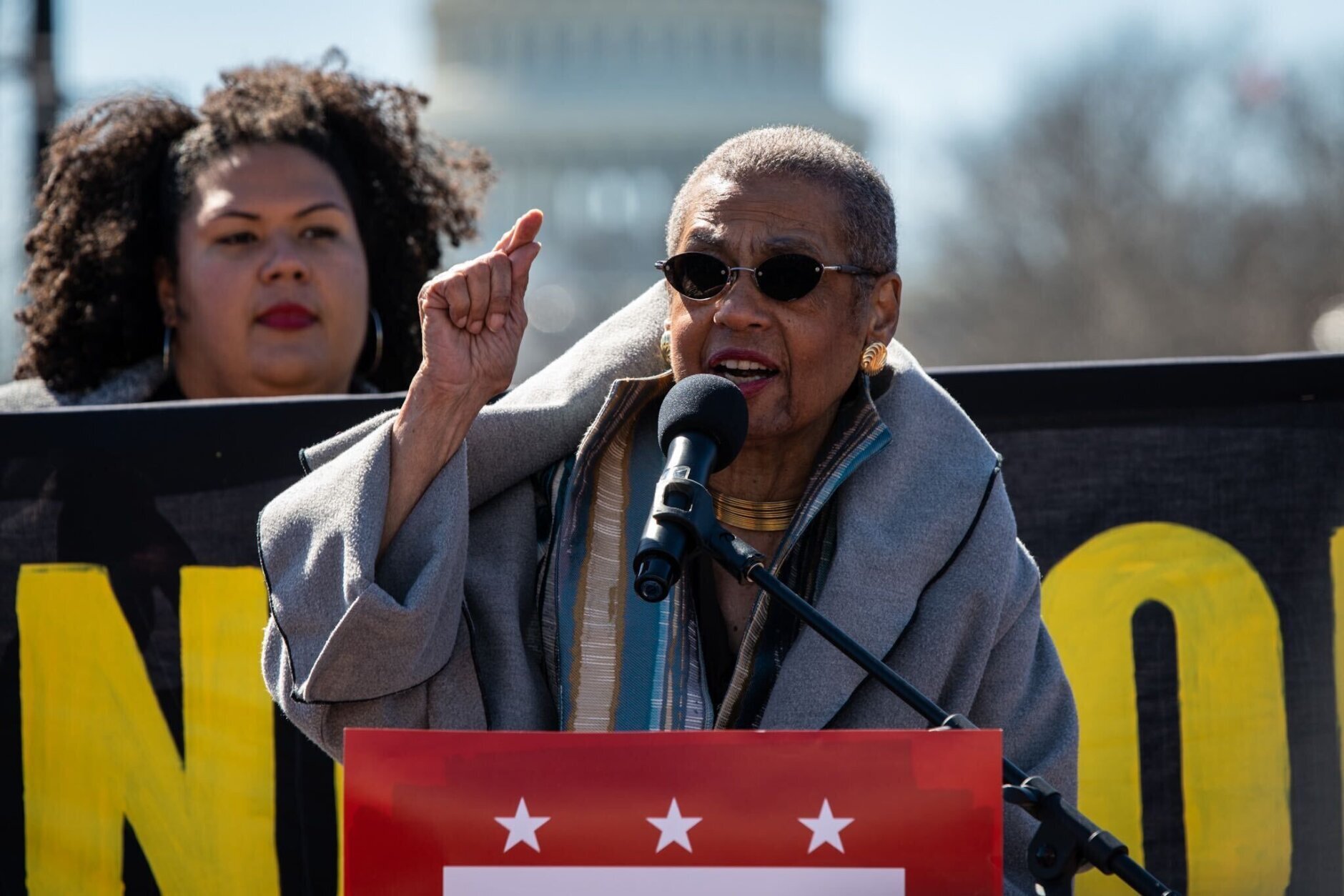 Del. Eleanor Holmes Norton addresses a rally supporting D.C. statehood before the Senate's vote to nullify a rewrite of the city's criminal code on March 8, 2023. (WTOP/Alejandro Alvarez)