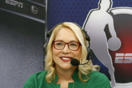 FILE - ESPN announcer Doris Burke is shown prior to an NBA basketball game between the New Orleans Pelicans and the Dallas Mavericks in Dallas, Wednesday, March 4, 2020. Burke will set another milestone later this month when she calls the conference and NBA Finals for ESPN Radio. Burke will be the first woman to serve as a game analyst on a network television or radio broadcast this deep into the postseason. (AP Photo/Michael Ainsworth, File)