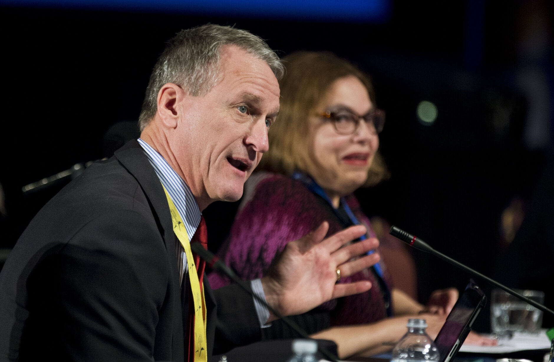 South Dakota Gov. Dennis Daugaard, talks about growing up with his father who was born deaf and cannot speak, during a special session of the National Governors Association 2013 Winter Meeting in Washington, Sunday, Feb. 24, 2013. Seated on the right, is invited panelist Judith Heumann, special advisor for International Disability Rights, State Department. Governors Sunday roundly condemned the automatic budget cuts set to take hold this week, and hoped for a deal to stave off the $85 billion reduction in government services. (AP Photo/Manuel Balce Ceneta)