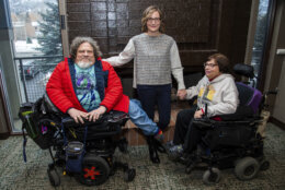 FILE - In this Jan. 24, 2020 file photo, co-directors Jim LeBrecht, left, and Nicole Newnham, center, from the documentary "Crip Camp" pose with film subject Judith Heumann during the Sundance Film Festival in Park City, Utah.  Performers with disabilities and filmmakers have a moment in the Oscar spotlight that they hope becomes a movement. LeBrecht, who has spina bifida and uses a wheelchair, says a golden age for films about people with disabilities could come if Hollywood lets them tell their own stories. (Photo by Charles Sykes/Invision/AP, File)