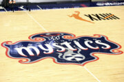 A Washington Mystics logo on display during a WNBA basketball game, Saturday, May 15, 2021, in Washington. (AP Photo/Daniel Kucin Jr.)