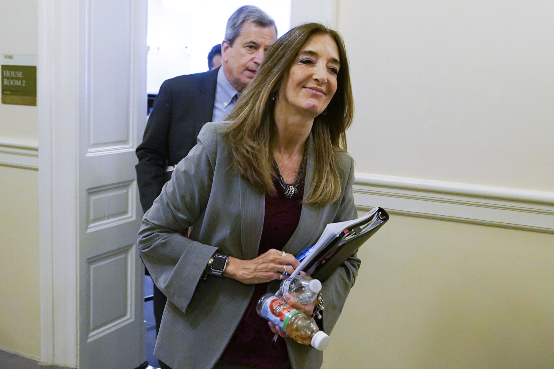 FILE - Former House minority leader Del. Eileen Filler-Corn, D-Fairfax, leaves the Virginia Democratic Legislative Caucus at the Capitol on April 27, 2022, in Richmond, Va. Former House speaker Filler-Corn and Democratic Sen. Lynwood Lewis announced Tuesday, March 7, 2023, plans to step down after their current terms end, joining the flurry of lawmakers retiring rather than seeking re-election this year under new maps. (AP Photo/Steve Helber, File)