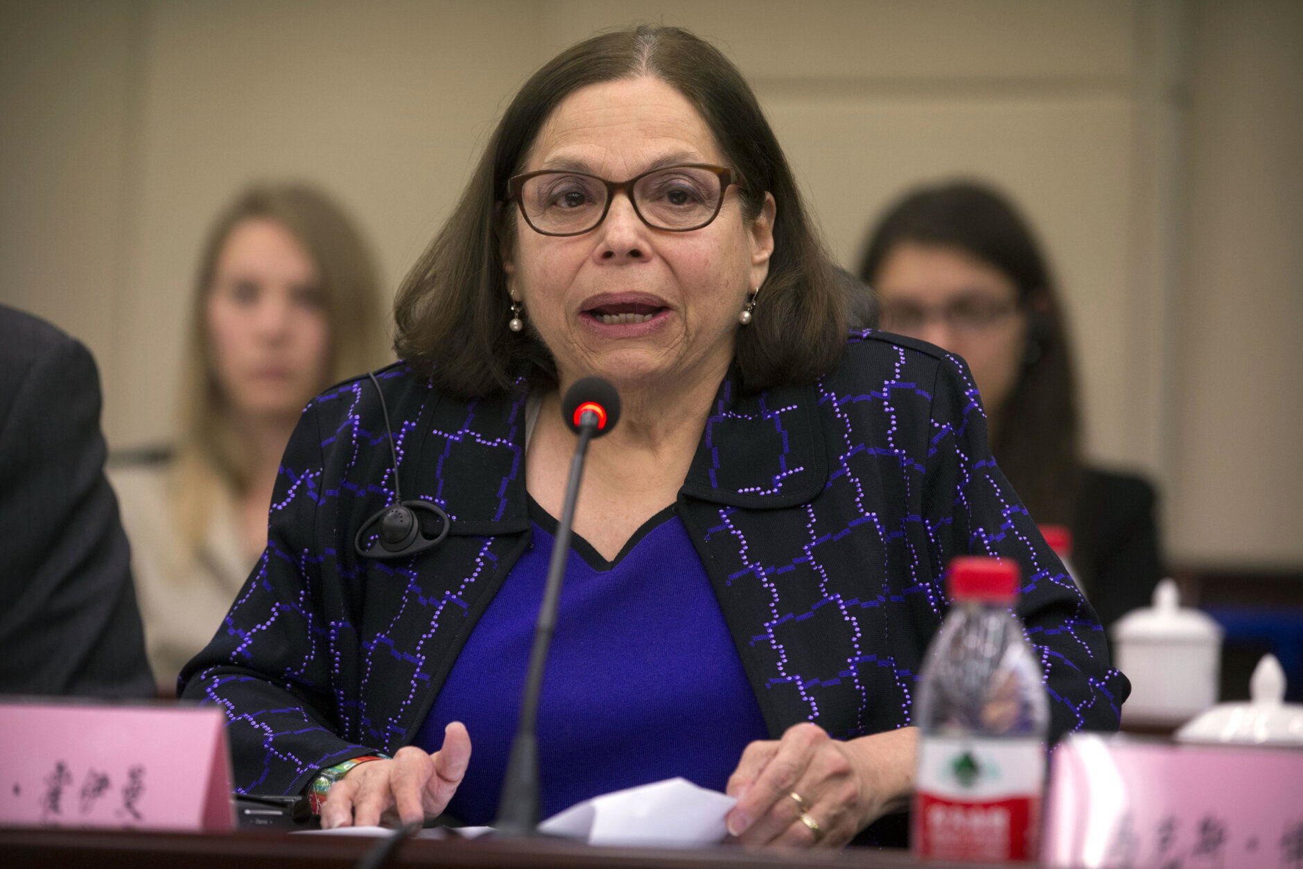 Judith Heumann, special advisor for International Disability Rights at the U.S. Department of State, speaks at the opening session of the China-U.S. Coordination Meeting on Disability in Beijing, Tuesday, April 12, 2016. (AP Photo/Mark Schiefelbein, Pool)