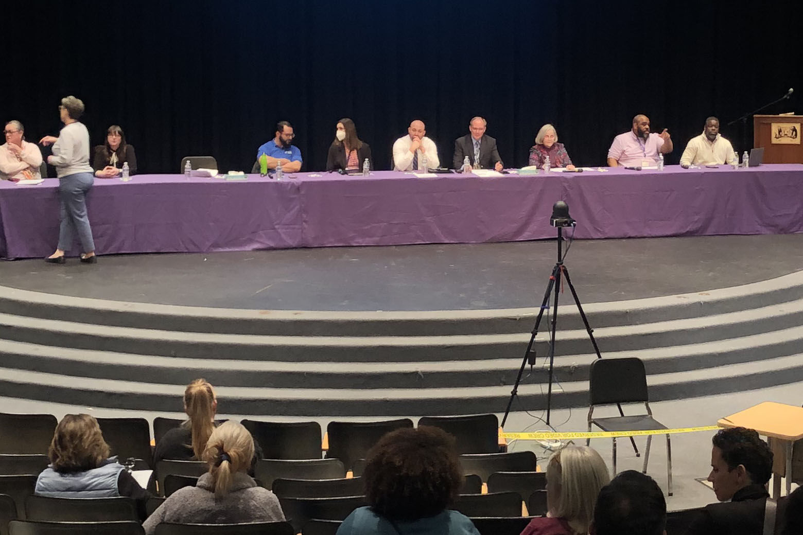 A community meeting where about 100 people head from a panel about the dangers of fentanyl held at Lake Braddock Secondary School in Burke, Virginia, on Tuesday, March 29, 2023.