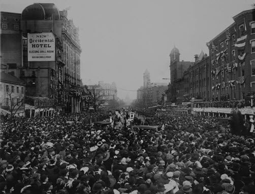 crowd blocks 1913 suffrage procession