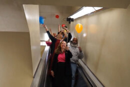 MVA Administrator Chrissy Nizer leads employees on a final ride of the aging escalators. (Courtesy MDOT MVA)