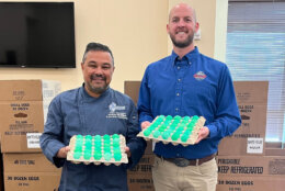 Andrew McMillan from The Stocked Pot and Trey Braswell with the finished White House Easter eggs (Courtesy Andrew McMillan/Braswell Family Farms)