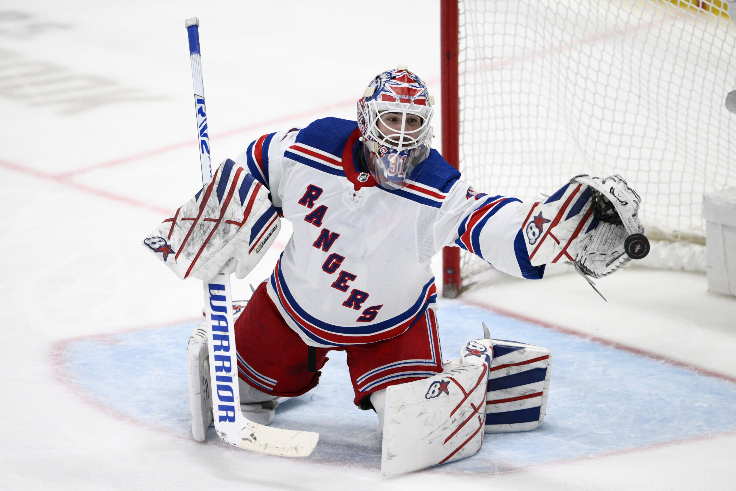 New York Rangers' Vladimir Tarasenko (91) celebrates after scoring a goal  during the second period of an NHL hockey game against the Pittsburgh  Penguins Saturday, March 18, 2023, in New York. (AP