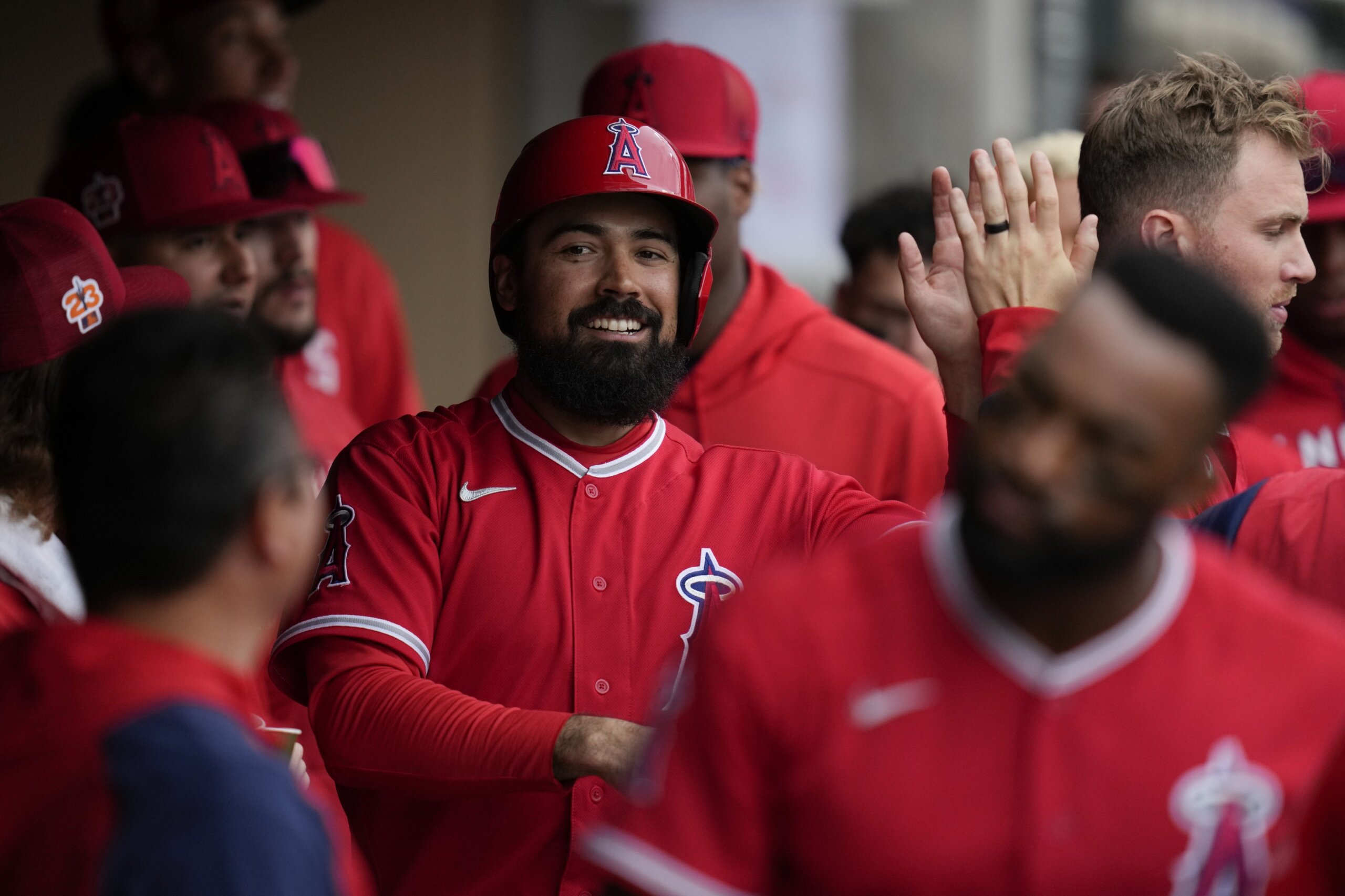 Seattle, US, April 3, 2023. Los Angeles Angels'Anthony Rendon speaks to  media ahead of a baseball game against the Seattle Mariners at T-Mobile  Park in Seattle on April 3, 2023. Rendon will