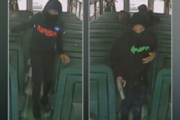 Police in Prince George's County, Maryland, have released surveillance photos of three masked suspects who boarded a school bus earlier this week and tried to shoot a middle-schooler. (Courtesy Prince George's County police)