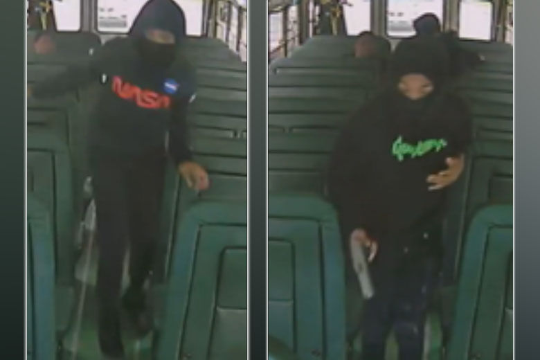 Police in Prince George's County, Maryland, have released surveillance photos of three masked suspects who boarded a school bus earlier this week and tried to shoot a middle-schooler. (Courtesy Prince George's County police)