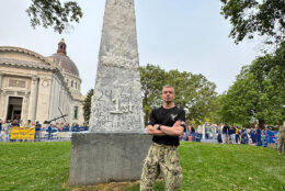 The greased Herndon monument prepared for the 2023 class to climb (WTOP/Matt Kaufax)