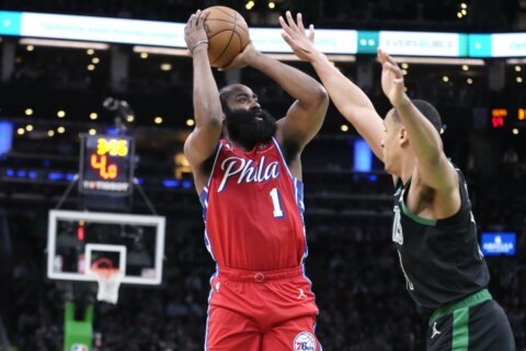 Harden scores 45, hits late 3 as 76ers down Celtics 119-115