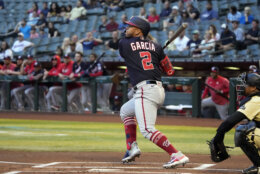 Washington Nationals' Luis Garcia hits a solo home run against the Arizona Diamondbacks in the first inning during a baseball game, Friday, May 5, 2023, in Phoenix. (AP Photo/Rick Scuteri)