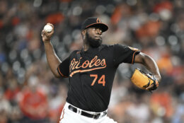 Baltimore Orioles pitcher Felix Bautista throws against the Pittsburgh Pirates in the ninth inning of a baseball game, Friday, May 12, 2023, in Baltimore. (AP Photo/Gail Burton)