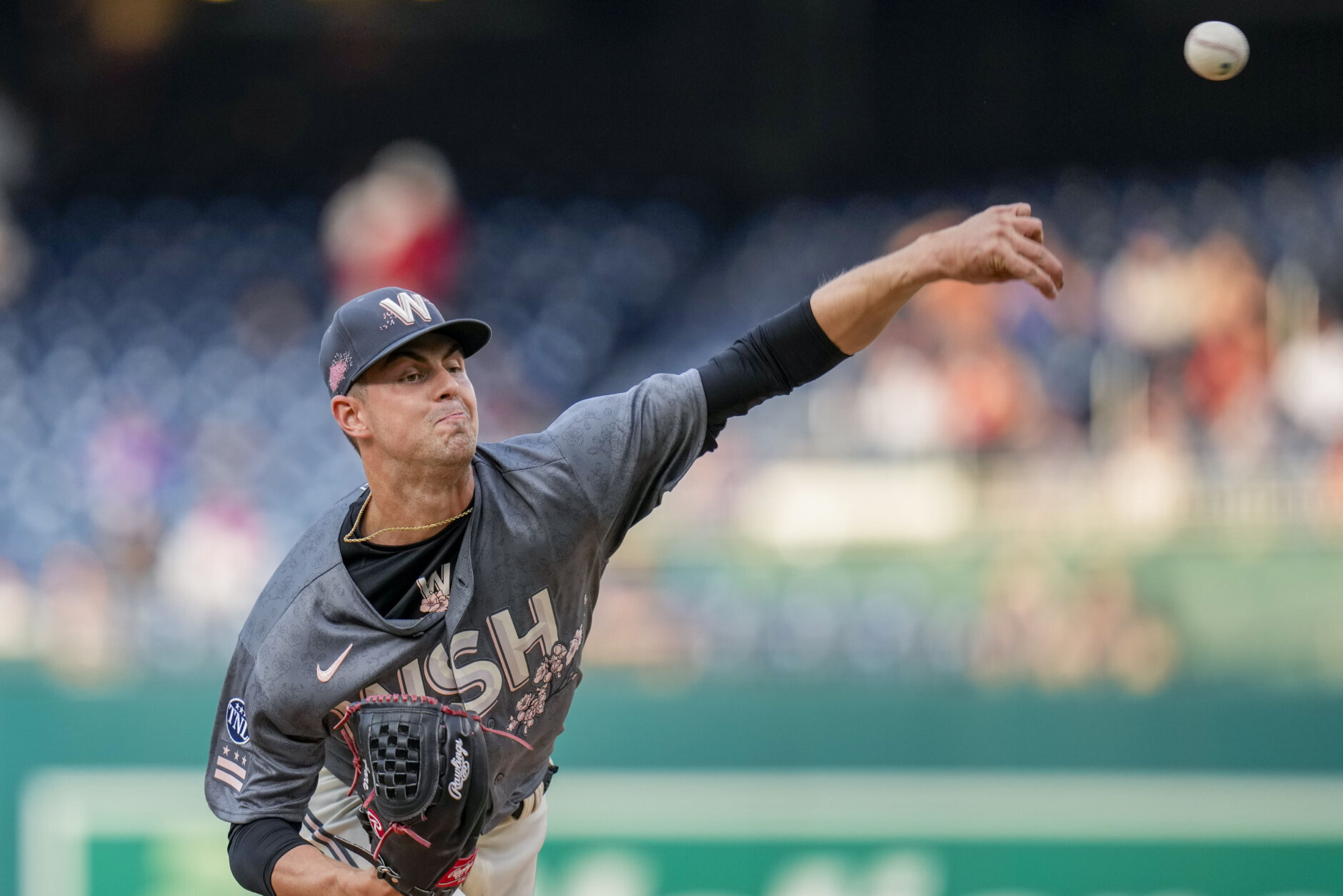 Washington Nationals starting pitcher MacKenzie Gore throws during the first inning of a baseball game against the New York Mets at Nationals Park, Friday, May 12, 2023, in Washington. (AP Photo/Alex Brandon)