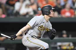 Pittsburgh Pirates Jack Suwinski bats against the Baltimore Orioles in a baseball game, Friday, May 12, 2023, in Baltimore. (AP Photo/Gail Burton)