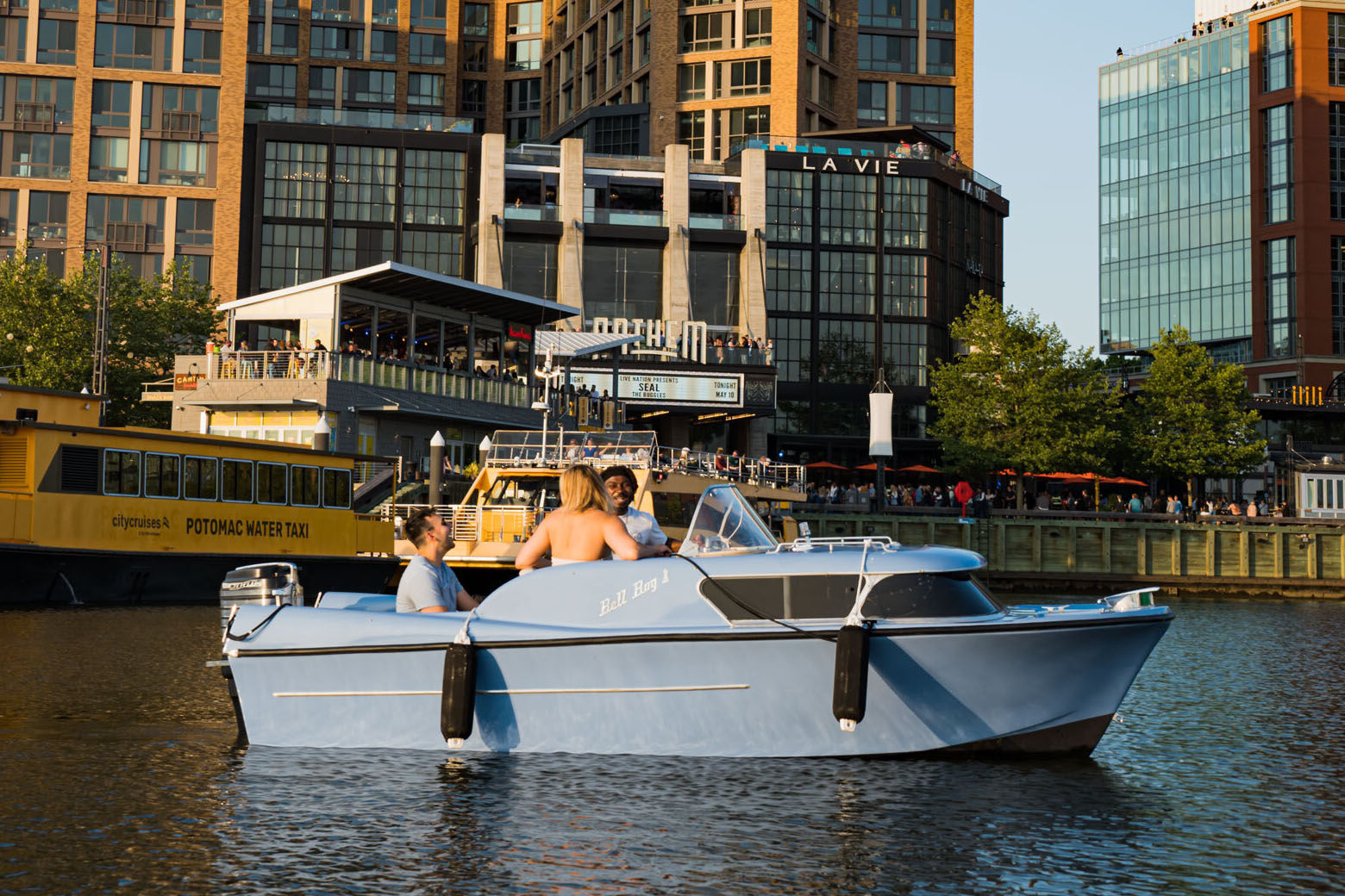 The two new power boats, Gladys and Violet, are styled with fins, retro colors and chrome detailing. (Courtesy Sea Suite Cruises)