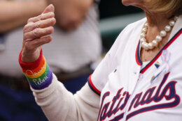 Rep. Nancy Pelosi, D-Calif., prepares to throw out a ceremonial first pitch before a baseball game between the Washington Nationals and the Arizona Diamondbacks at Nationals Park, Tuesday, June 6, 2023, in Washington. The Nationals celebrated Pride month with their 18th Night OUT event. (AP Photo/Alex Brandon)