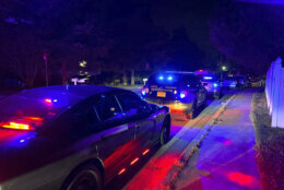Police vehicles are seen on a residential street in Annapolis, Md., where police say multiple people were shot at a home on Sunday, June 11, 2023. (AP Photo/Brian Witte)