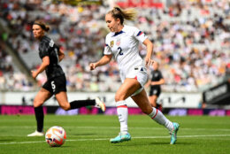 AUCKLAND, NEW ZEALAND - JANUARY 21: Ashley Sanchez of USA makes a break during the womens International Friendly match between New Zealand Football Ferns and United States at Eden Park on January 21, 2023 in Auckland, New Zealand. (Photo by Hannah Peters/Getty Images)