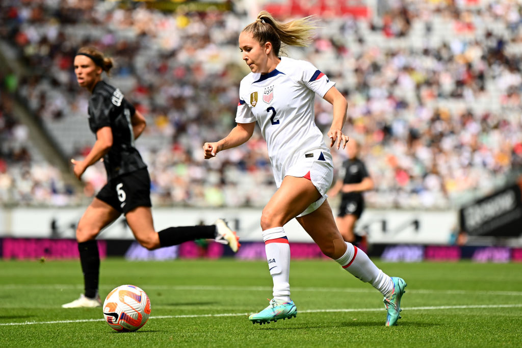 AUCKLAND, NEW ZEALAND - JANUARY 21: Ashley Sanchez of USA makes a break during the womens International Friendly match between New Zealand Football Ferns and United States at Eden Park on January 21, 2023 in Auckland, New Zealand. (Photo by Hannah Peters/Getty Images)
