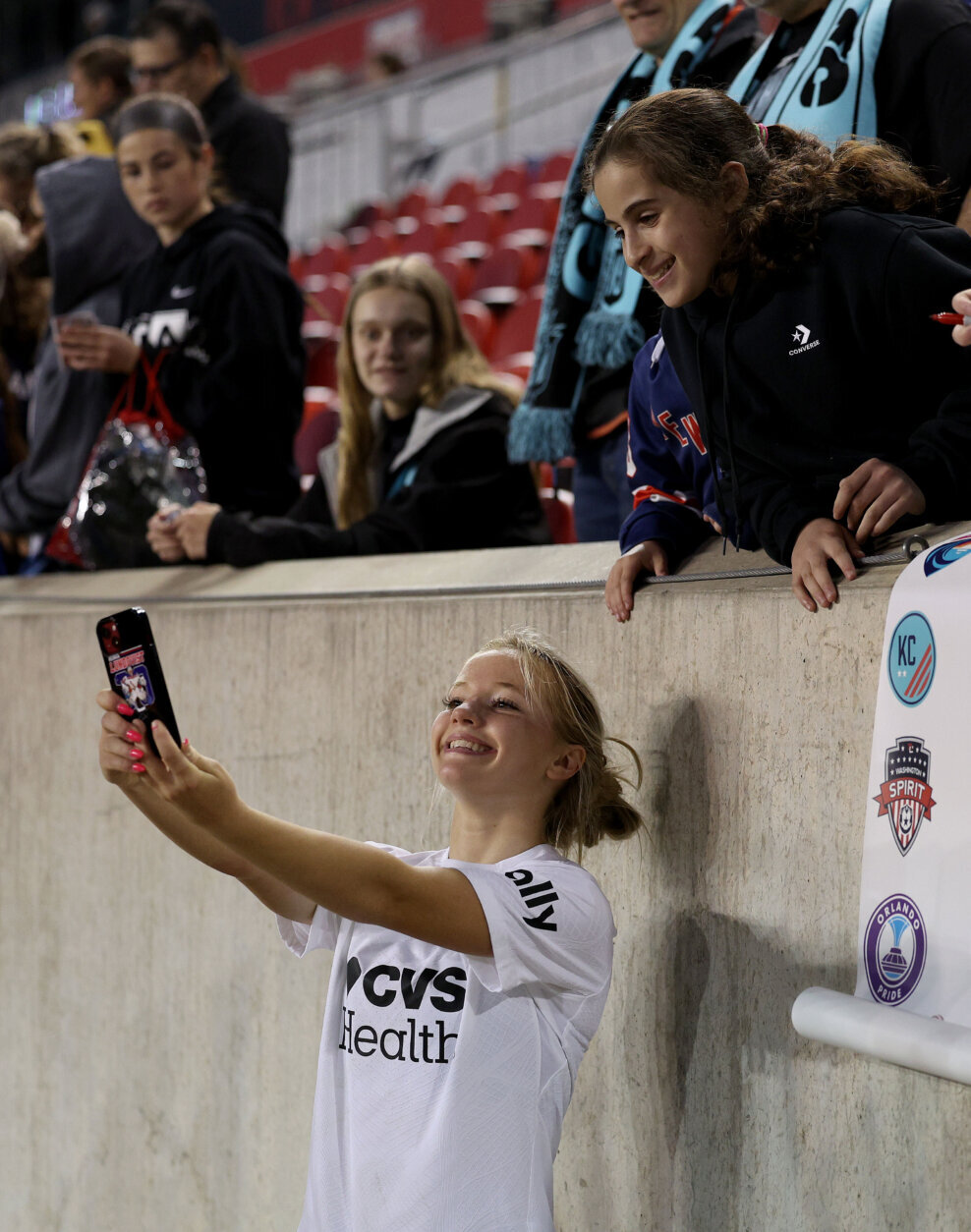 HARRISON, NEW JERSEY - APRIL 19: Chloe Ricketts #39 of the Washington Spirit greets the fans after the match against the NJ/NY Gotham FC during the 2023 NWSL Challenge Cup match at Red Bull Arena on April 19, 2023 in Harrison, New Jersey. The NJ/NY Gotham FC defeated the Washington Spirit 1-0. (Photo by Elsa/Getty Images)
