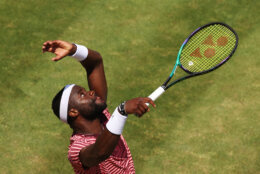 STUTTGART, GERMANY - JUNE 17: Frances Tiafoe of the United States serves to Marton Fucsovics of Hungary during their semi-final match on day eight of the BOSS Open at Tennisclub Weissenhof on June 17, 2023 in Stuttgart, Germany. (Photo by Adam Pretty/Getty Images)