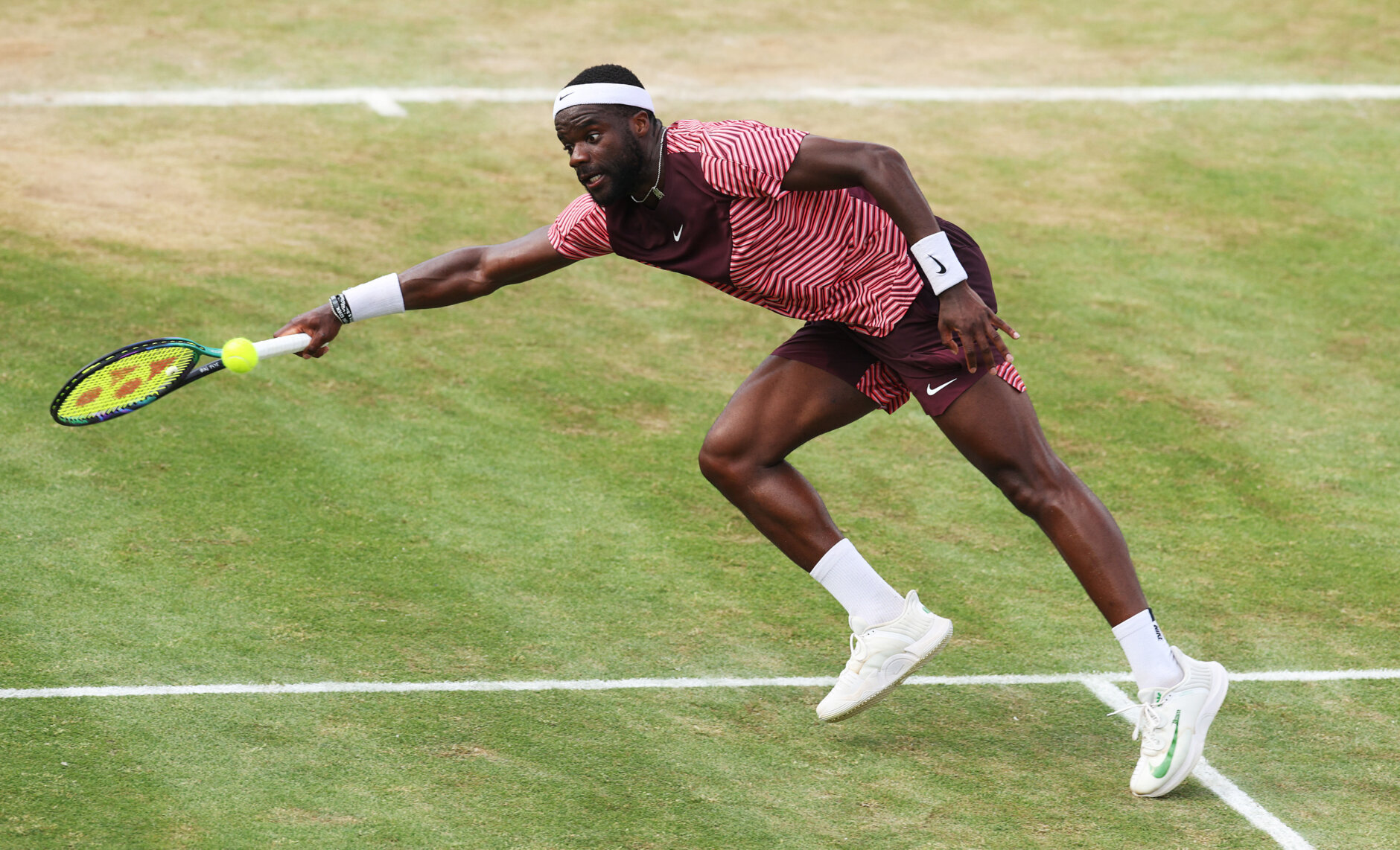 STUTTGART, GERMANY - JUNE 18: Frances Tiafoe of the United States gets the volley back to win2 match point over Jan-Lennard Struff of Germany hits during the mens final match on day nine of the BOSS Open at Tennisclub Weissenhof on June 18, 2023 in Stuttgart, Germany.