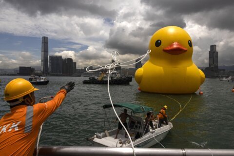 One of 2 giant ducks in Hong Kong’s Victoria Harbor deflates