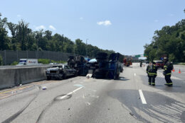 Three people were sent to the hospital after a crash Wednesday afternoon on Interstate 395 in Arlington County, Virginia, involving an overturned tanker truck that caught fire. (Courtesy Arlington County Fire &amp; EMS)