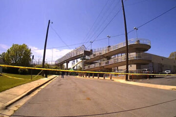 A screenshot from a responding officer's body camera footage, showing the area under a pedestrian bridge where Lyon's body was found. (Courtesy Montgomery County State's Attorney's Office)